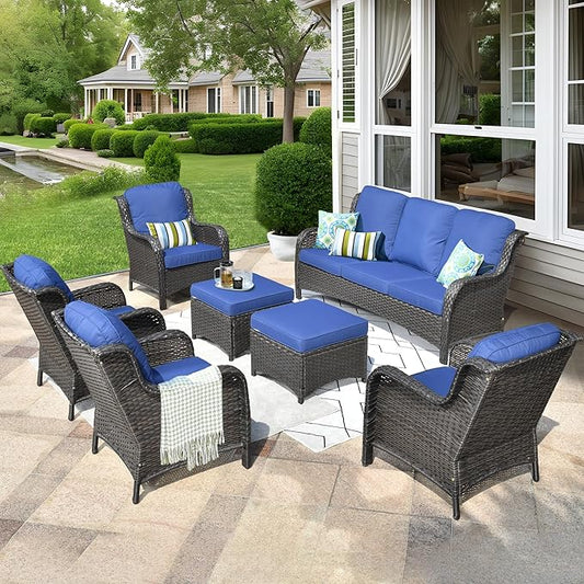 ovios 7 Pieces Patio Furniture Set, Outdoor Wicker Sofas with 4 Chairs, Ottomans and Comfy Cushions, All Weather High Back Couch Set for Deck Porch, Brown Rattan, Navy Blue
