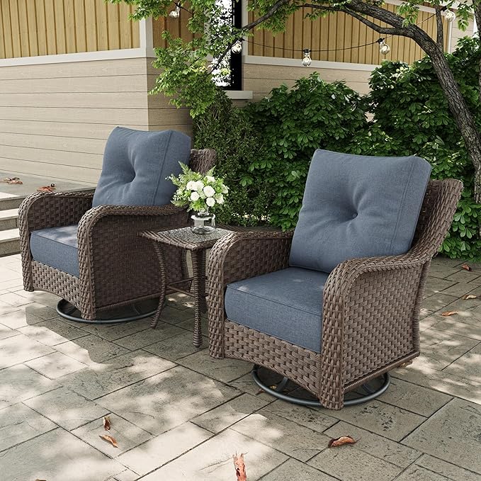 3 Pieces Outdoor Patio Furniture Sets with Rocking Swivel Chairs with 6-inch Thick Cushion and Side Table for Deck Lawn