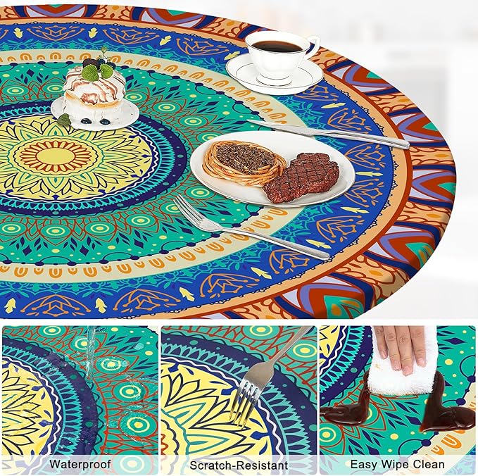 Round Tablecloth Fitted Elastic Table Cover Waterproof Table Cloth for Dinner, Party, Picnic,Camping, Round Table Cover for Indoor Outdoor