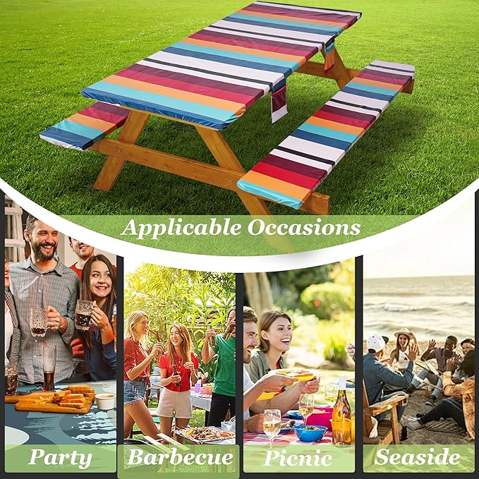 Fitted Picnic Table Cover with Bench Covers Waterproof Elastic Edges Rectangle Patio Tablecloth Outdoor Camping Essentials Stuff Rv Accessories Summer Trip Travel Supplies Party Camper Gifts, 8 ft
