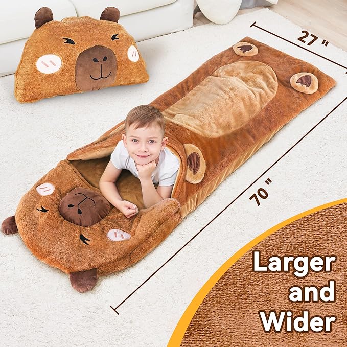iPlay, iLearn Kid Sleeping Bag, Plush Capybara Slumber Bag, Toddler Girl Boy Nap Mat, 2 In 1 Brown Animal Pillow, Happy Travel Sleepover Daycare Preschool Birthday Gift for Age 3 4 5 6 7 8 10 12 Child