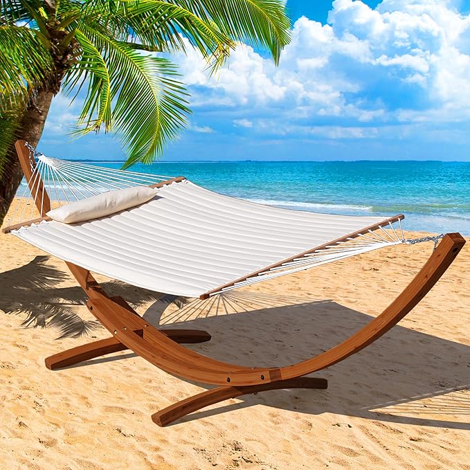 Lazy Daze Hammocks 12 FT Double Quilted Fabric Hammock and 13 FT Brown Wooden Arc Stand, with Spreader Bar, Removable Pillow, 2 Person Hammock for Outdoor Patio Poolside, 450 lb Capacity, Brown