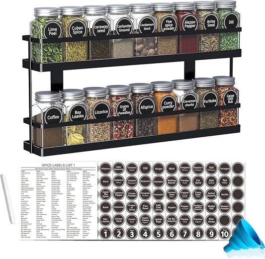 New England Stories Spice Rack Organizer with 18 Empty Square Spice Jars, 386 Spice Labels with Chalk Marker and Funnel Complete Set, for Countertop, Wall Mount or Cabinet Pantry Door, Black