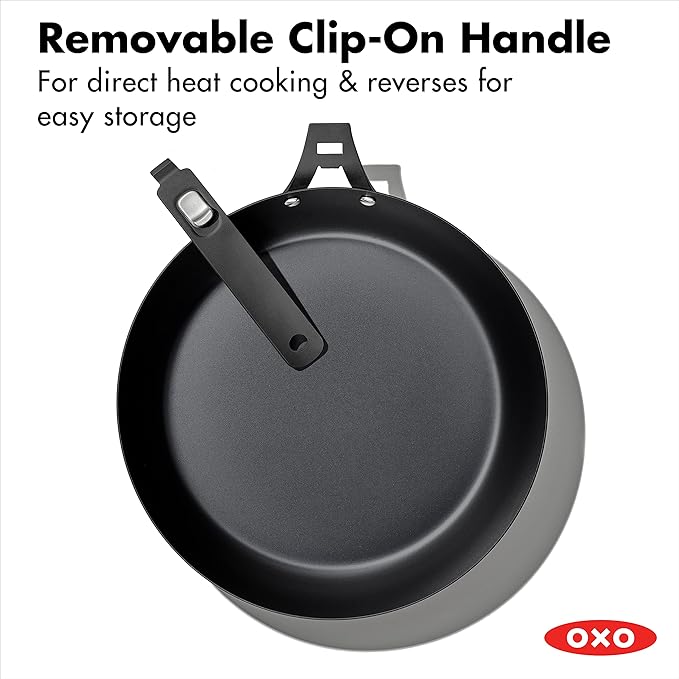 OXO Outdoor Pre-Seasoned Carbon Steel 12" Frying Pan Skillet, Detachable Handle for Easy Storage, Indoor Use, Nonstick with Use, Induction Suitable,Oven & Broiler Safe,Browning, Grill,Sear,Saute,Black
