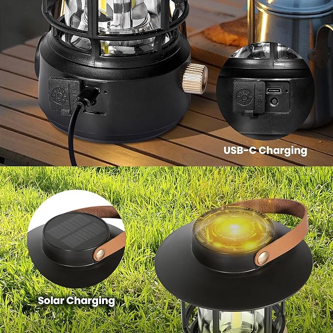 Led Camping Lantern 2 Pack, 1000LM, Solar Lantern Rechargeable Camping Lights with Side Flashlights for Emergencies, IPX5 Waterproof Portable led Lanterns for Power Outages,USB C Cable Included