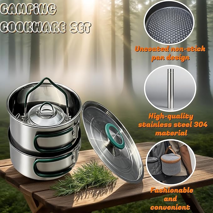 Stainless Steel Camping Cookware, durable, easy to clean, and quick to heat up. Compact camping cookware set, perfect for family picnics, camping, backpacking, hiking.