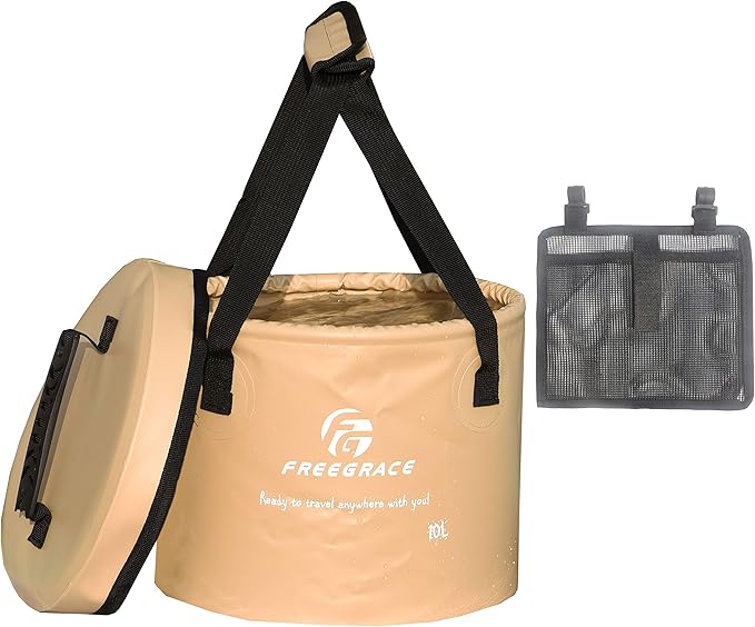 Premium Collapsible Bucket by Freegrace - Compact Portable Folding Water Container - Lightweight & Durable - Includes Handy Tool Mesh Pocket