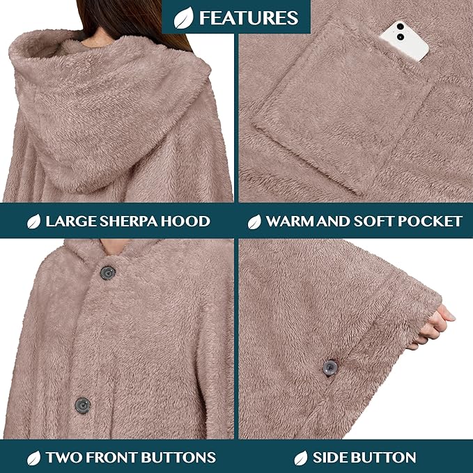 PAVILIA Angel Wrap Hooded Blanket Poncho, Wearable Blanket Throw Wrap Poncho for Women Adult, Cozy Fluffy Sherpa Fleece Shawl Cape with Hood pockets, Warm Gift for Mom Wife, Beige Taupe