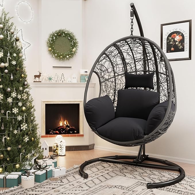 Hanging Egg Chair with Stand - Egg Swing Chair Outdoor Indoor Patio Wicker Chair Swing Hammock Egg Chairs 400lbs Capacity for Outside Patio, Bedroom, Garden and Balcony (Grey-Nest, 1PC)