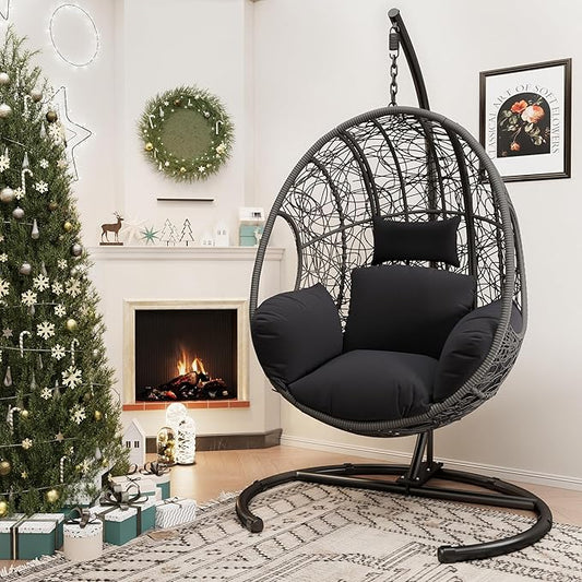 Hanging Egg Chair with Stand - Egg Swing Chair Outdoor Indoor Patio Wicker Chair Swing Hammock Egg Chairs 400lbs Capacity for Outside Patio, Bedroom, Garden and Balcony (Grey-Nest, 1PC)