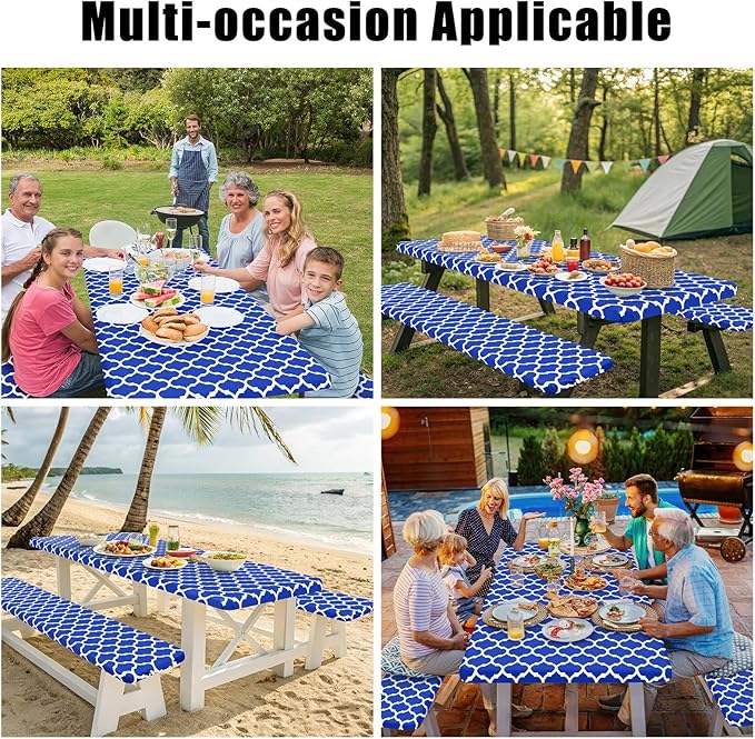Smiry Picnic Table Cover with Bench Covers, Waterproof Elastic Fitted Tablecloth for 8 Foot Tables, Washable Polyester Tablecloths for Camping, Indoor & Outdoor (Blue Morocco, 30x96 Inch 3-pc Set)