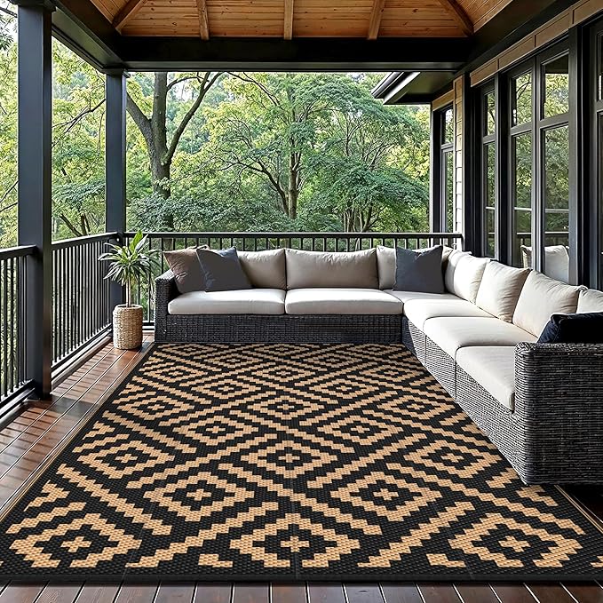 GENIMO Outdoor Rug for Patio Clearance,6'x9' Waterproof Mat,Reversible Plastic Camping Rugs,Rv,Deck,Porch,Camper,Balcony,Backyard (Black & Brown)