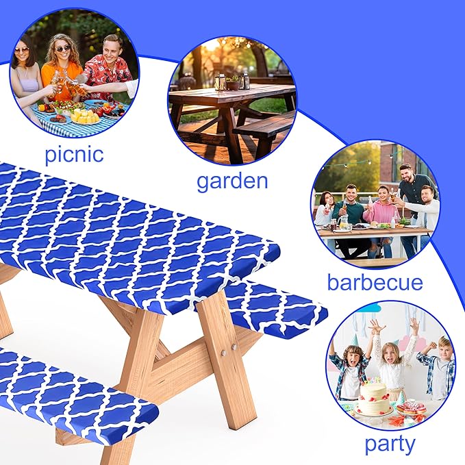3 Pcs Set Fitted Picnic Table Cover with Bench Covers Vinyl Camping Table Cloth Flannel Backing Picnic Table Cloth for 6ft Tables Camping Outdoor (Blue Morocco, 30 x 72 Inches)