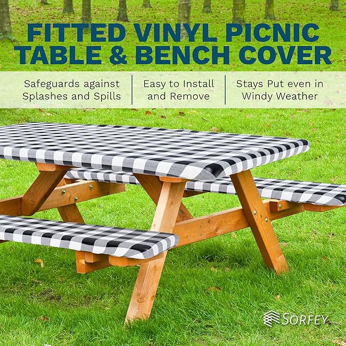 Sorfey Picnic Table Cover with Bench Covers -Fitted with Elastic, Vinyl with Flannel Back, Fits for Table 30"x 60" Rectangle,Water Proof, Solid Blue Design