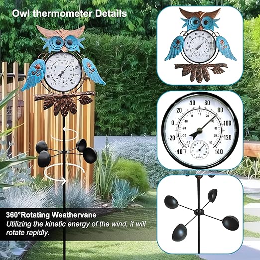 Outdoor Thermometer for Patio - Owl Garden Stake Thermometer with Wind Spinner Design - 60 inch Outside Temperature Gauge for Yard - Easy to Read, Durable & Weatherproof - Garden Decor