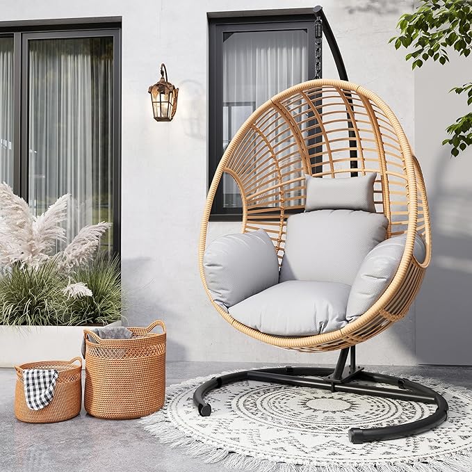 Oversized Hanging Egg Chair Set of 2 Outdoor Indoor, Wicker Swing Egg Chair with Stand 400lbs Capacity for Bedroom, Patio, Garden and Balcony