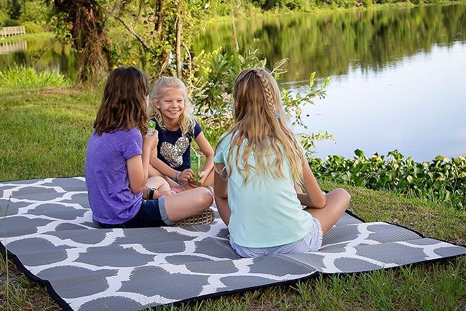 5x7 Gray Lattice RV Patio Mat w Carry Bag – Extra Thick 5mm Recycled Poly Rug – Waterproof, Reversible, Heavy-Duty – Premium Outdoor Mat Camping (Gray Lattice with Carry Bag, 5'x7')