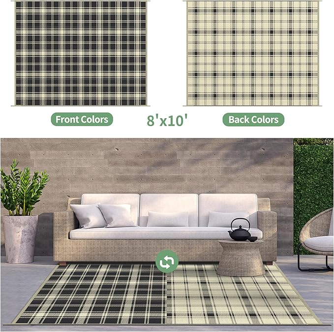 GENIMO Waterproof Outdoor Rug for Patio Clearance, 8'x10' Reversible Plastic Straw Rugs, Lightweight RV Camping Mat for Camper, Balcony, Deck, Backyard, Picnic, Black & Beige