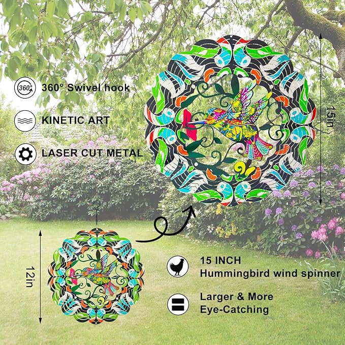 Hummingbird Large Metal Wind Spinners - Hummingbird Gifts for Women Mom Grandma Wife,15 Inch Hanging Wind Spinner for Outdoor & Indoor Decorations, Wind Spinner for Christmas Ornament Gifts