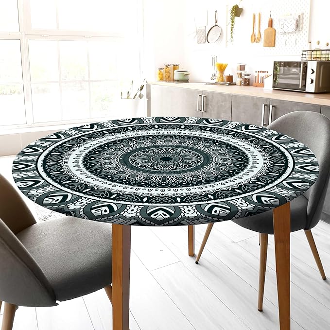 Round Tablecloth Fitted Elastic Table Cover Waterproof Table Cloth for Dinner, Party, Picnic,Camping, Round Table Cover for Indoor Outdoor