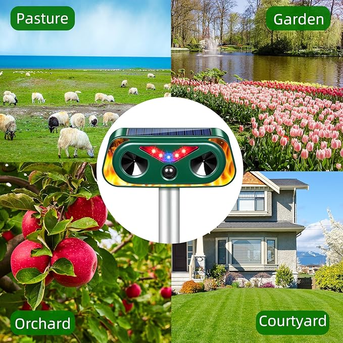 2025 Solar Animal Repellent Ultrasonic Cat Repellent Outdoor with Motion Sensor & Flashing Lights,Ultrasonic Control for Deer, Squirrel,Raccoon,Rabbit,Fox,Skunk Deterrent for Yard Garden,4 Pack