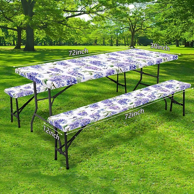 Picnic Table Cover with Bench Covers, Purple Wisteria Flower Pattern Elastic Edges, Waterproof Windproof Fitted Tablecloth, for Outdoor Camping Patio Garden, Includes Drawstring Bag, 60 in