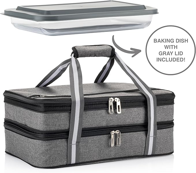Stack Store Plus More Insulated Expandable Casserole Carrier with Baking Dish and Lid - Lasagna Holder for Picnic Potluck Beach Day Trip Camping Hiking - Hot and Cold Thermal Bag in Gray