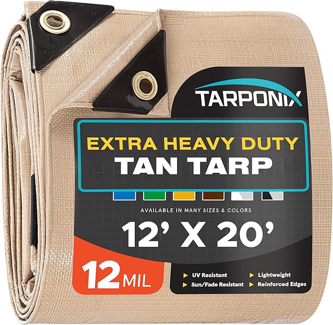 12' x 20' Extra Heavy-Duty Tan Poly Tarp – 12 Mil Thick, Waterproof, UV-Resistant Polyethylene with Reinforced Edges, Double-Stitched Hems, and Rustproof Grommets