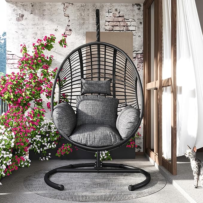 Hanging Egg Chair with Stand - Egg Swing Chair Outdoor Indoor Patio Wicker Chair Swing Hammock Egg Chairs 400lbs Capacity for Outside Patio, Bedroom, Garden and Balcony (Black-Regular, 2P)