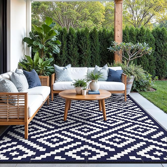 GENIMO 5x8 Outdoor Rug Waterproof, Reversible Mats, Area Rug, Plastic Outside Carpet, Geometric Rv Mat for Patio Camping Picnic Backyard Deck Balcony Porch Beach Trailer (Navy Blue & White)