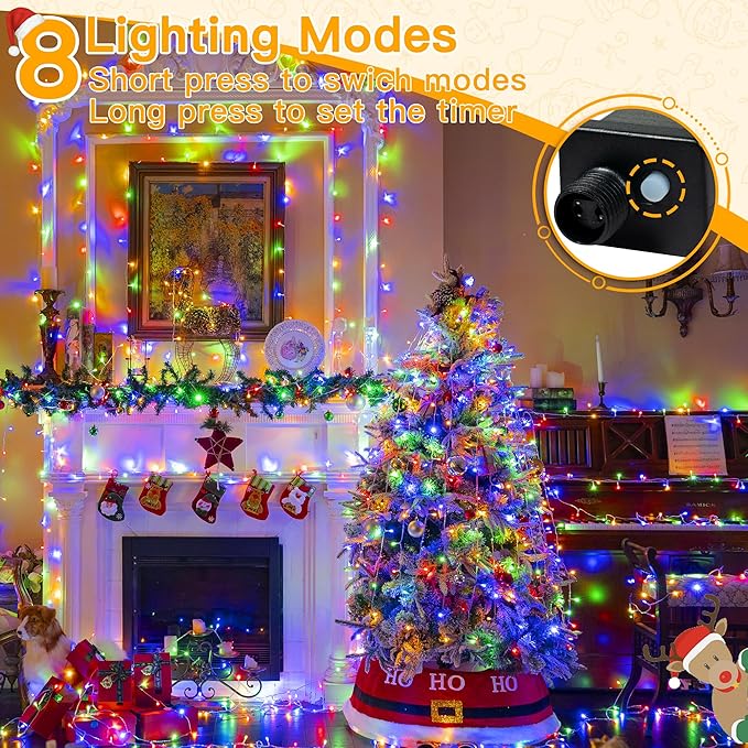 Ollny Christmas Lights Outdoor 200LED 60FT, Multicolor Connectable Plug in Fairy Light Indoor, 8 Modes Waterproof Timer Plug in LED String Lights for House Outside Bedroom Patio Balcony