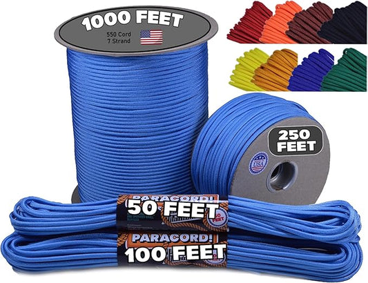BORED? PARACORD! 550 lb Paracord - Ideal for Crafting, Camping, DIY Projects, Active & Military Outdoors - Strong Survival Rope - Tactical Parachute Cord Type III - Tarheel Blue 250 Feet