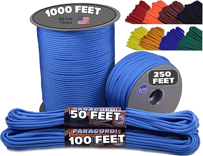BORED? PARACORD! 550 lb Paracord - Ideal for Crafting, Camping, DIY Projects, Active & Military Outdoors - Strong Survival Rope - Tactical Parachute Cord Type III - Tarheel Blue 1000 Feet