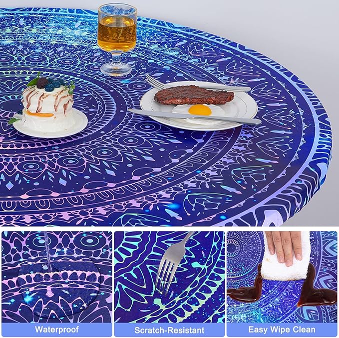 Round Tablecloth Fitted Elastic Table Cover Waterproof Table Cloth for Dinner, Party, Picnic,Camping, Round Table Cover for Indoor Outdoor