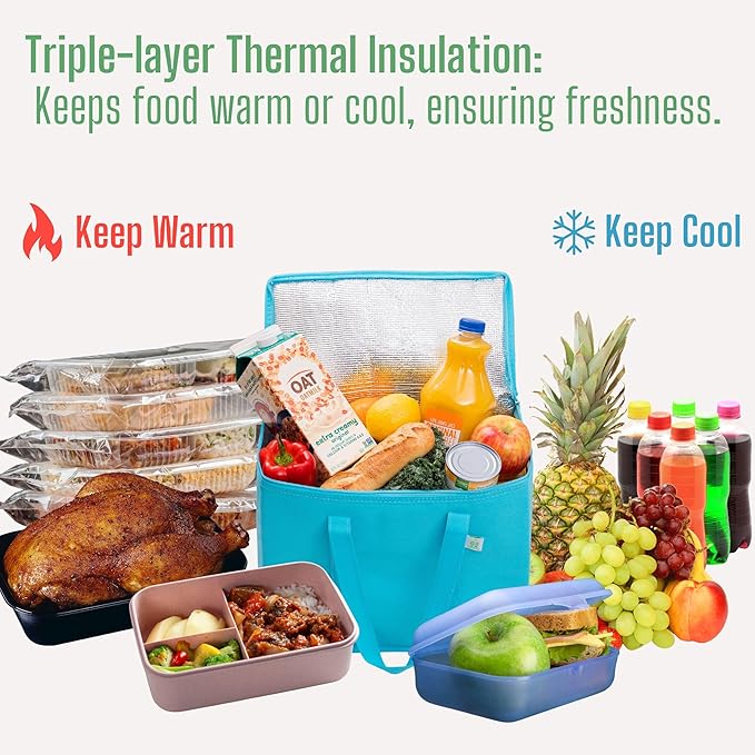 VENO 3 Pack Cooler Bag and Insulated Grocery Bags for Food Delivery, Collapsible Cooler, Reusable Shopping Bags for Groceries with zipper, Foldable, Heavy-Duty, Stands Upright (Cyan, 3 Pack)