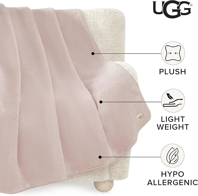 UGG Whitecap Plush Throw Blanket Fleece Lightweight Soft Throw for Couch or Bed Luxury Home Decor for Living Room Washable Hypoallergenic Blankets for Dorm Decor, 50-inch x 70-inch, Light Pink Quartz
