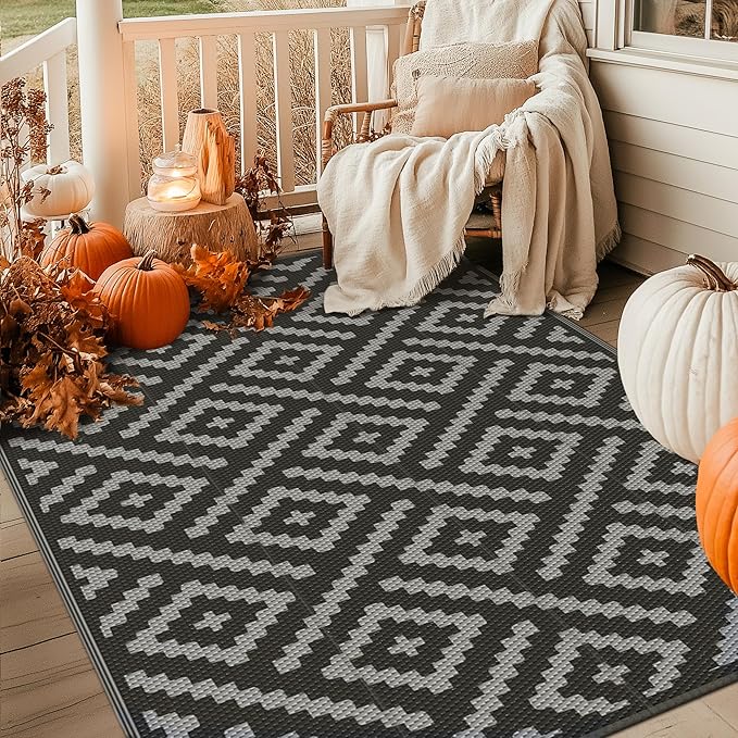 GENIMO Outdoor Rug for Patio Clearance,6'x9' Waterproof Mat,Reversible Plastic Camping Rugs,Rv,Porch,Deck,Camper,Balcony,Backyard,Black & Gray