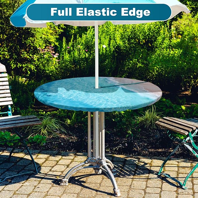 2 Pcs Round Outdoor Tablecloth with Umbrella Hole - Anti-Wrinkle Polyester Tablecloth with Elastic Zipper Table Cover for Summer Patio Camping Party(45''-53'',Ocean)