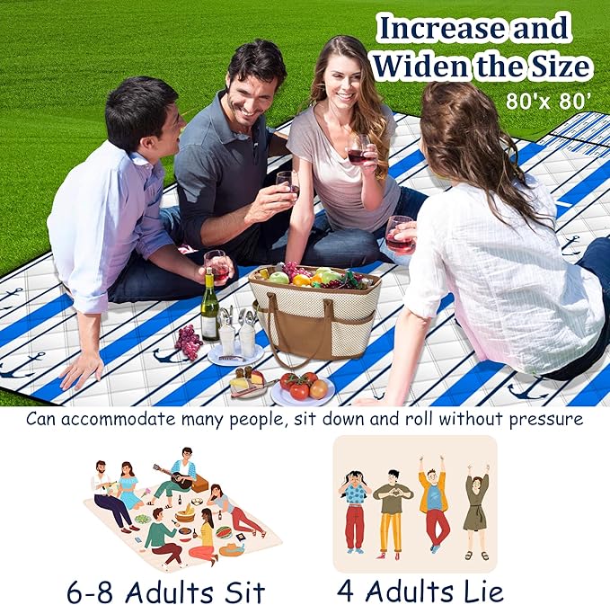 Poedist Extra Large Picnic Blanket Waterproof,80"x 80"Foldable Machine Washable Beach Blanket,Outdoor Blanket for 6-8 Adults,Suitable for Indoor Crawling,Park Beach,Camping,Hiking,Family Travel(Blue)