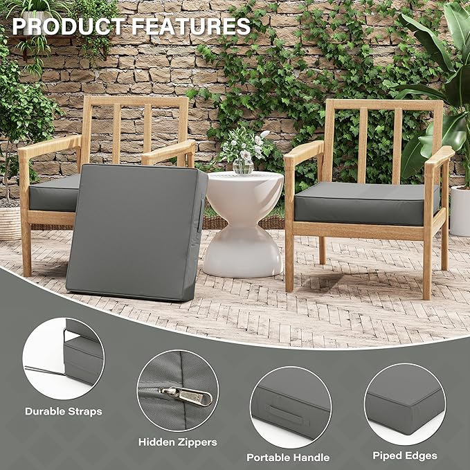 Patio Chair Cushions 22 X 22 X 4 Inch Waterproof Outdoor Seat Cushions for Patio Furniture, Outdoor Sofa Couch Pads with Ties & Handle, Set of 2, Light Grey
