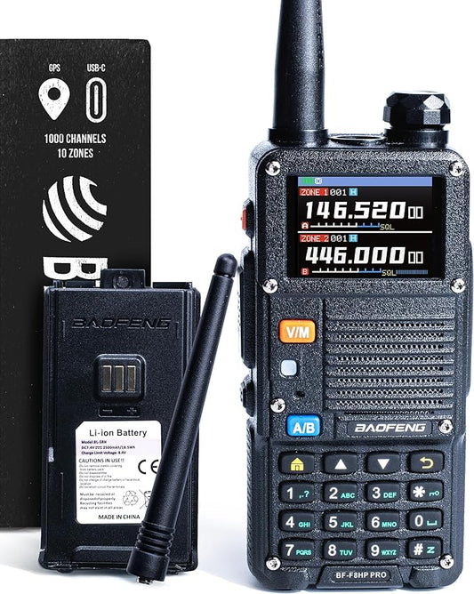 BAOFENG BF-F8HP PRO 10 W Tri-Band Two-Way Radio – UV-5R 7th Gen, 1000 Channels, GPS & NOAA Weather, Aviation/VHF/UHF/1.25 m Scanner, IP54 Rugged, USB-C Rechargeable Battery