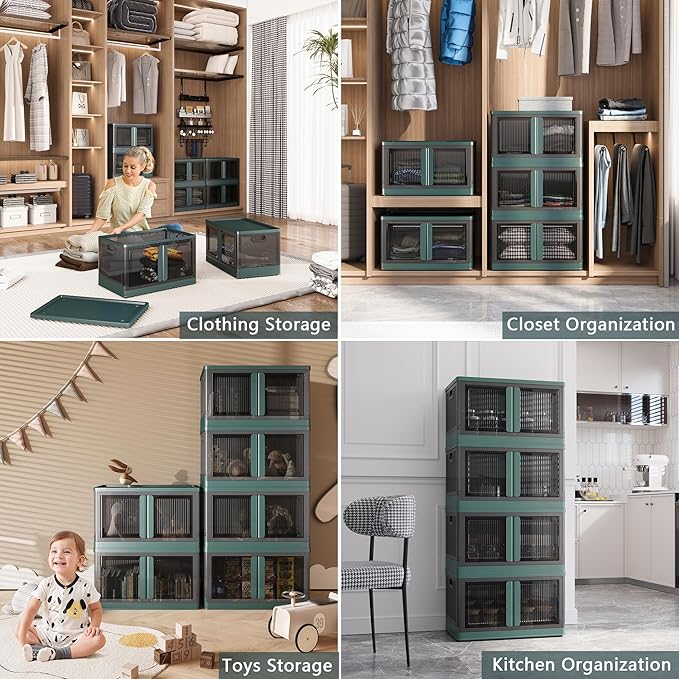 19Gal Collapsible Storage Bins with Lids & Wheels - 3 Pack Stackable with Doors, Heavy-Duty Plastic Containers for Home/Office, Green