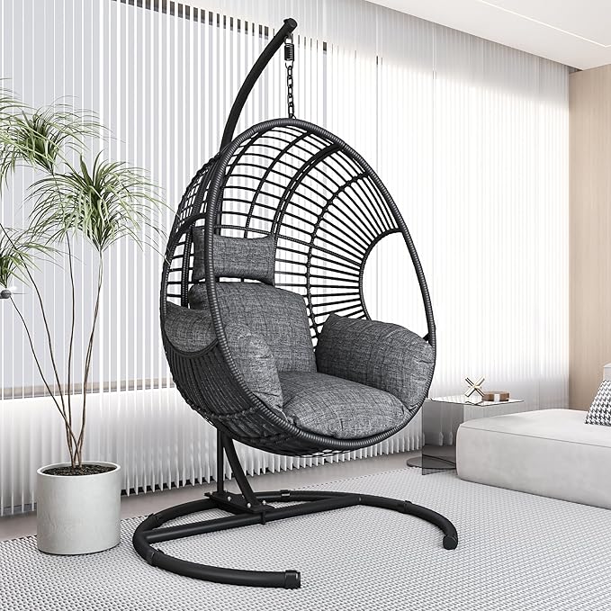 Hanging Egg Chair with Stand - Egg Swing Chair Outdoor Indoor Patio Wicker Chair Swing Hammock Egg Chairs 400lbs Capacity for Outside Patio, Bedroom, Garden and Balcony（Black, 1PC）
