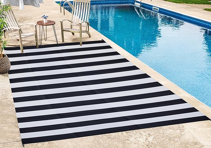FH Home Outdoor Rug - Waterproof, Fade Resistant, Reversible - Premium Recycled Plastic - Striped - Porch, Deck, Balcony, Mudroom, Laundry Room, Patio - Brittany - Black & White Crease Free - 3 x 5 ft