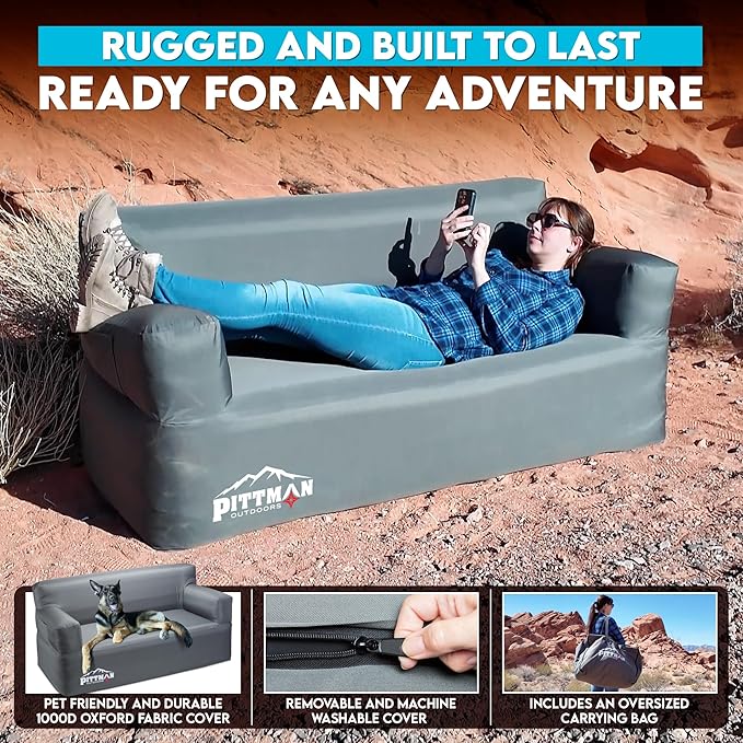 Pittman - Camping Inflatable Couch with Built in Pump for Outdoors & Indoors - Blow Up Couch for Camping has Heavy Duty Puncture Resistant Fabric for Inflatable Sofa Comfort, Support & Durability