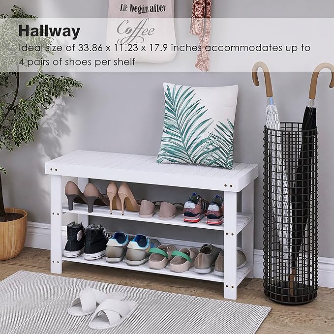 SMIBUY Bamboo Shoe Rack Bench, 3-Tier Shoe Organizer Storage Shelf for Entryway Hallway Bathroom Living Room (White)