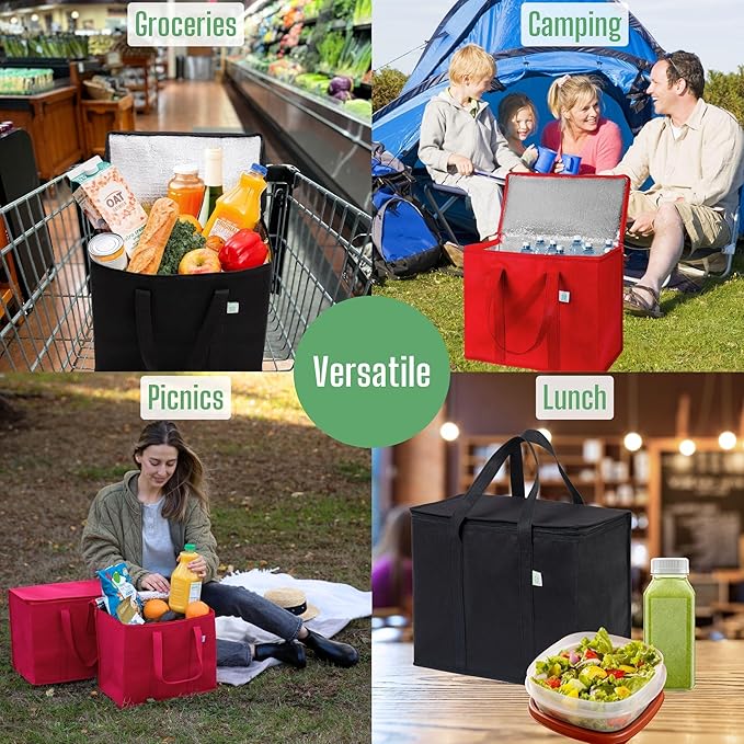 VENO 2 Pack Cooler Bag and Insulated Grocery Bags for Food Delivery, Collapsible Cooler, Reusable Shopping Bags for Groceries with zipper, Foldable, Heavy-Duty, Stands Upright (Assorted Color, 2 Pack)