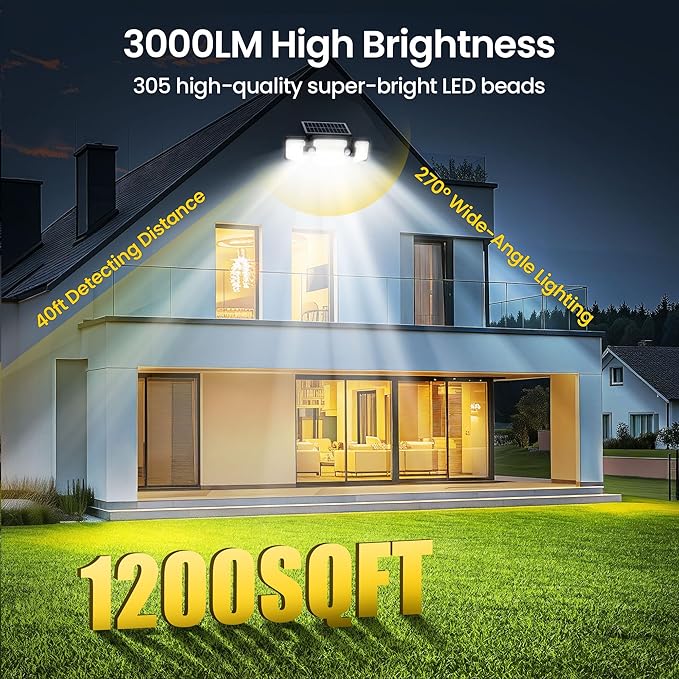 Solar Power Outdoor Light Lamp,[2 PCS] Day to Dusk Modes, 305 LED 3000LM 270° Wide Angle Motion Sensor Flood Light, 2200mAH High Capacity, Motion Lights for Outside, Yard, Patio, Pathway