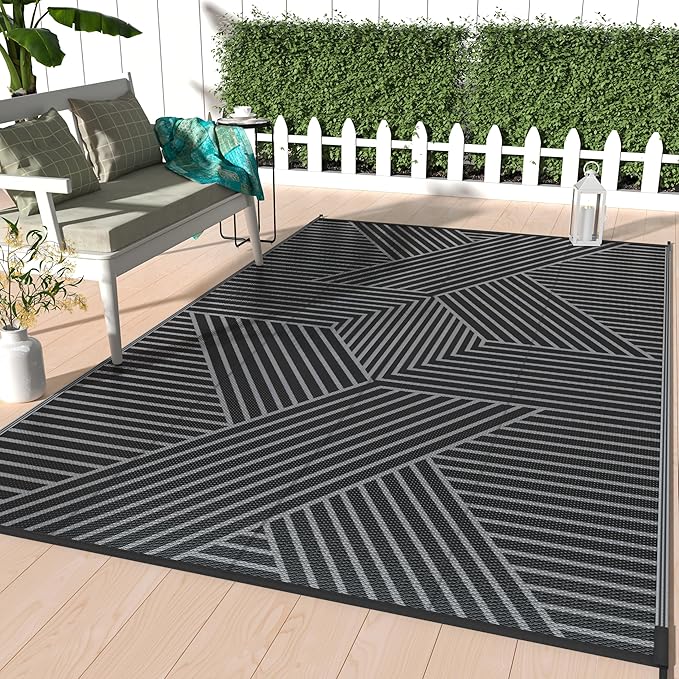GENIMO Outdoor Rug for Patio Clearance,9'x12' Waterproof Large Mat,Reversible Plastic Camping Rugs,Rv,Porch,Deck,Camper,Balcony,Backyard,Black & Gray