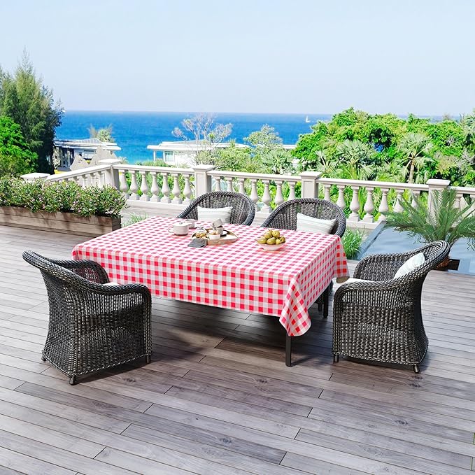 misaya Rectangle Waterproof Vinyl Table Cloth, Buffalo Flannel Backed Tablecloth, Wipeable Plastic Table Cover for Dinner, Kitchen, Outdoor (54" x 120", Red and White)